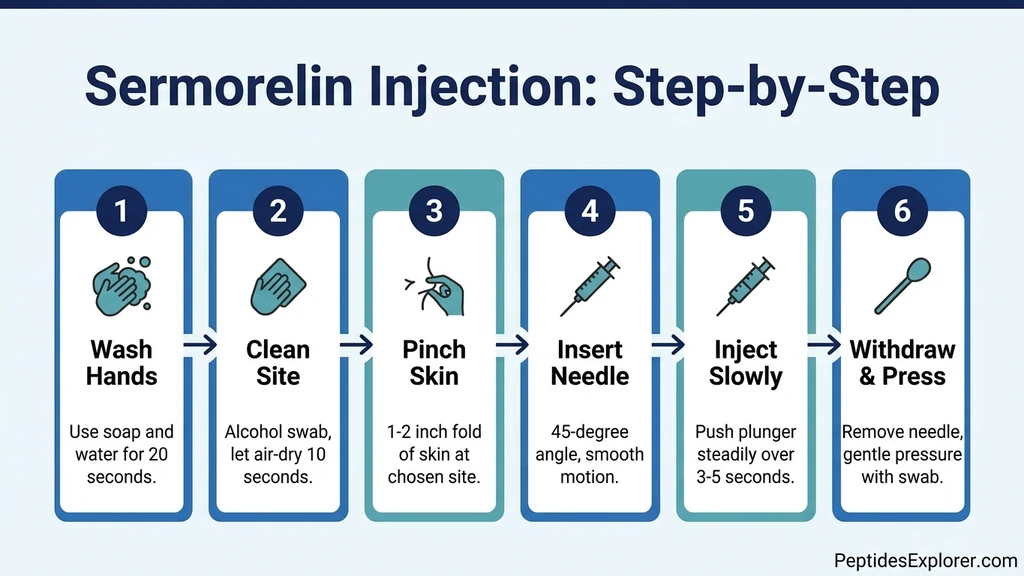 Sermorelin injection step-by-step process: wash hands, clean site, pinch skin, insert needle, inject, withdraw